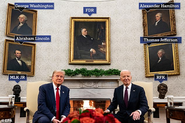 Trump and Biden sat in front of the current president's favorite paintings of his predecessors and busts of civil rights leaders.