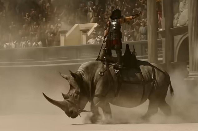 There is no evidence of men riding rhinos in the Colosseum, although such a scene appears in Gladiator II.