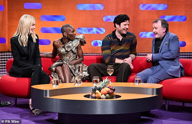 The Happy Valley actor, 39, was on the show to talk about his new film Joy, which tells the story of the beginning of IVF (pictured with Nicole Kidman, Cynthia Erivo and Chris McCausland).