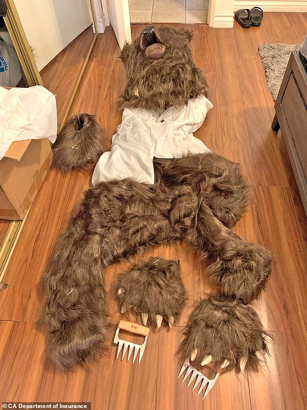 A search warrant led to the discovery of a bear suit at the suspects' home, complete with sharp metal claws apparently used to leave scratches found in the vehicles.