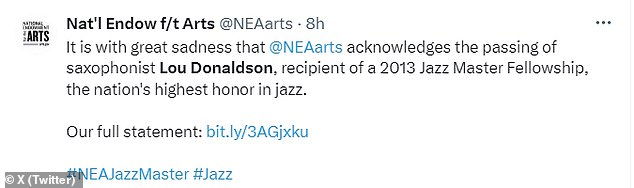 The National Endowment for the Arts issued a statement acknowledging Donaldson's death.