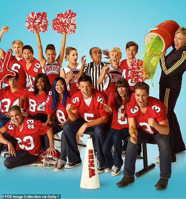 Breakthrough role: The actress is best known for her role on Glee during its six seasons that began in 2009; Pictured is the cast (top) Chord Overstreet, Harry Shum Jr., Naya Rivera, Dianna Agron, Iqbal Theba, Heather Morris, Chris Colfer and Jane Lynch. (bottom row) Kevin McHale, Mark Salling (floor), Amber Riley, Jenna Ushkowitz, Cory Monteith, Lea Michele and Matthew Morrison