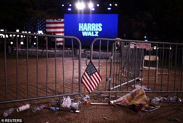 A flag is left at Kamala Harris' election night party Tuesday as she heads toward defeat.