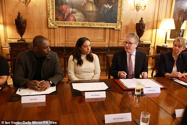 Idris Elba, Yemi Hughes, whose 19-year-old son Andre Aderemi was murdered in 2016, Keir Starmer and Home Secretary Yvette Cooper during a knife crime summit at Number 10 on September 9.