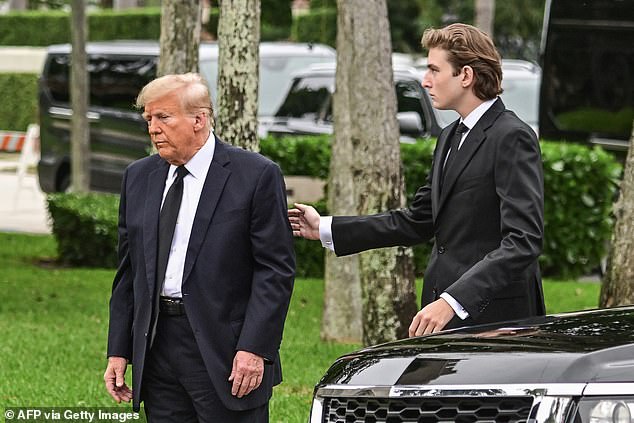 Trump and his son Barron Trump attend the funeral of former first lady Melania Trump's mother, Amalija Knavs, at Bethesda by the Sea Church in Palm Beach, Florida, on January 18, 2023.