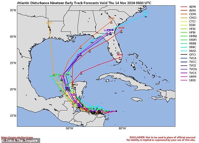 A spaghetti model shows the storm making landfall in northern Honduras before moving northeast through Belize, the northeastern corner of Guatemala and southeastern Mexico