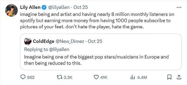 Lily's revelation comes after she took to X, formerly known as Twitter, to reveal that despite having more than eight million monthly listeners on Spotify, she makes the most money when she posts snaps of her feet on Onlyfans.