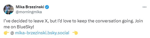 Brzezinski has now moved her social media presence to the left-wing site Bluesky instead of X