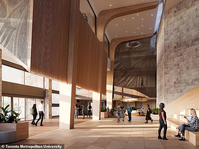 This photo shows a rendering of a public gathering space at the main entrance of the new Faculty of Medicine at Metropolitan University of Toronto.