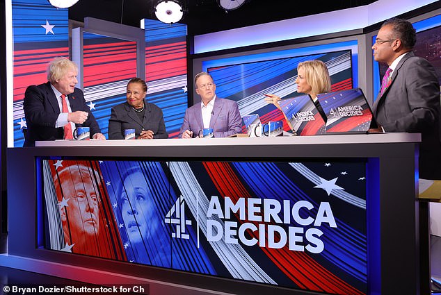 Boris Johnson, Carol Moseley Braun, Sean Spicer, Emily Maitlis and Krishnan Guru-Murthy during Channel 4's US election coverage