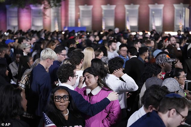 Trump won a landslide victory, becoming the first president in more than 130 years, and only the second in history, to win a second non-consecutive term. Harris party at his alma mater pictured above