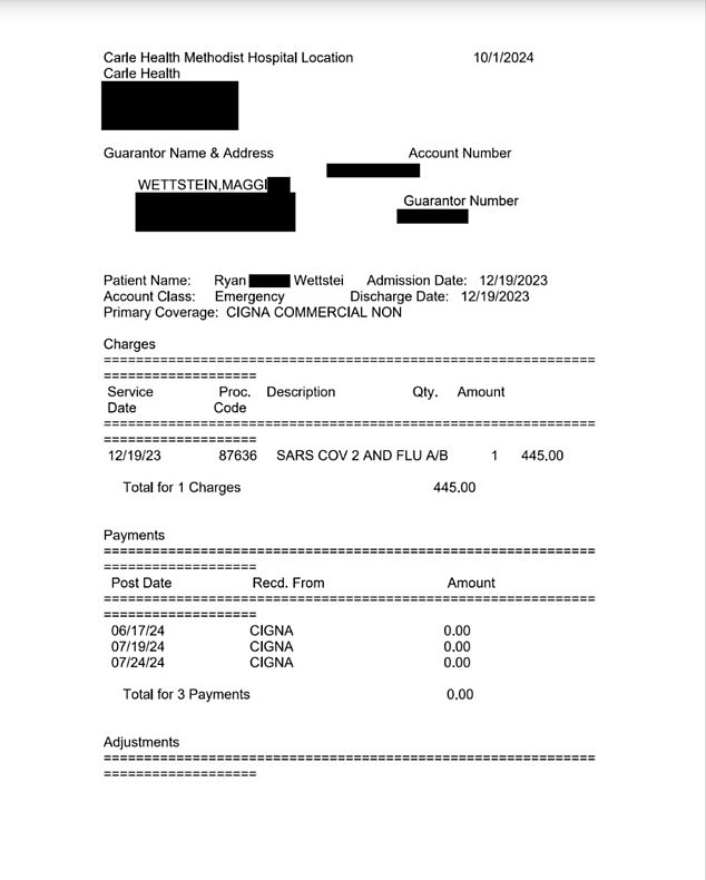 In October 2024, the hospital's mother received a bill for $445 for the combined Covid-19 and flu test