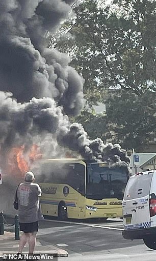 The bus caught fire shortly before 9am on Thursday in Kiama on the New South Wales south coast.