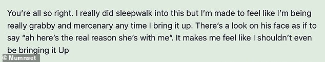 On the British parenting platform, the 50-year-old woman explained that her partner of 14 years left her out of his will, which worried her greatly.