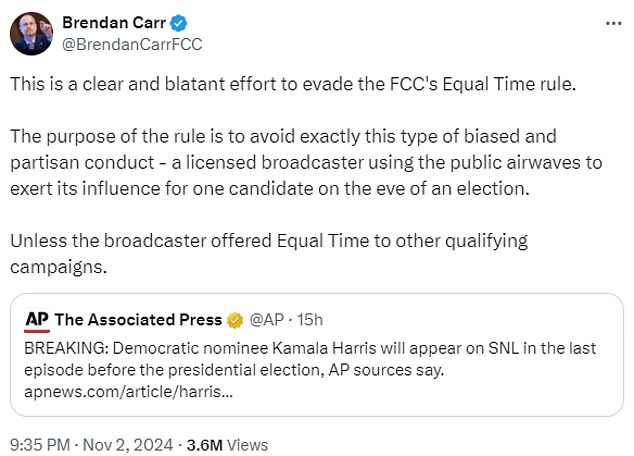 Brendan Carr, the FCC's top Republican commissioner, criticized the vice president's appearance on Saturday Night Live as a 