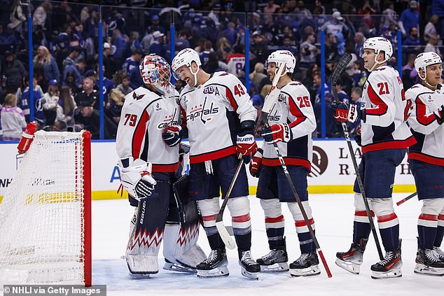 Lindgren, Tom Wilson #43 and the Washington Capitals celebrate the victory against the Lightning