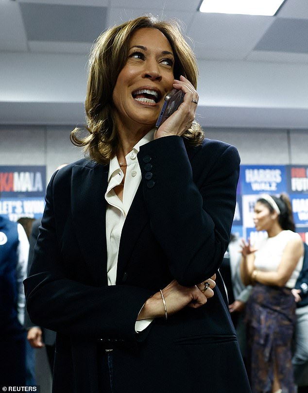 Democratic vice presidential candidate Kamala Harris is pictured making last-minute phone calls to voters on Election Day, Nov. 5, 2024.