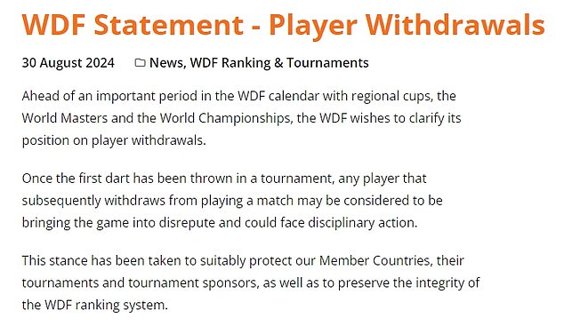 The World Darts Federation has warned players they could face disciplinary action if they withdraw from tournaments.