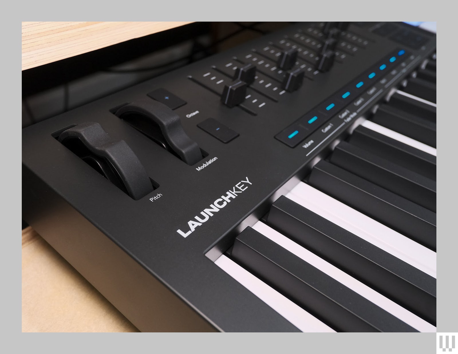 Close-up of the Novation Launchkey MK4 MIDI controller showing the pitch and modulation dials