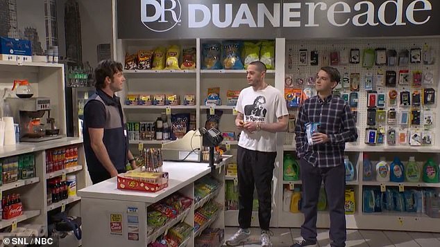 The 30-year-old Staten Island native joined former SNL writer and 42-year-old cast member Andrew Dismukes for a scene about a person asking to buy milk at the Port Authority, Duane Reade.