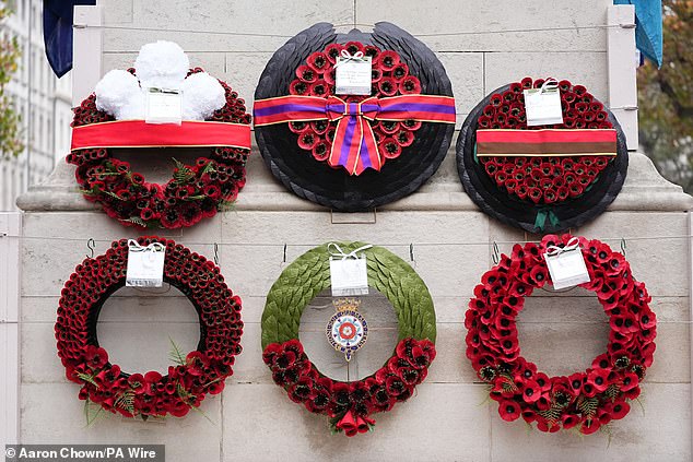 Wreaths left after the Remembrance Sunday service at the Cenotaph in London