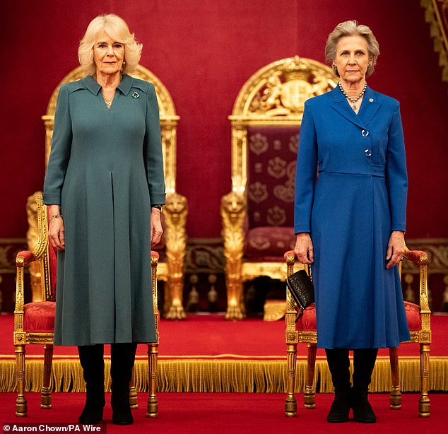 The Duchess of Gloucester attended a memorial event at Westminster Abbey on Thursday. Camilla appears with her at Buckingham Palace on February 22.