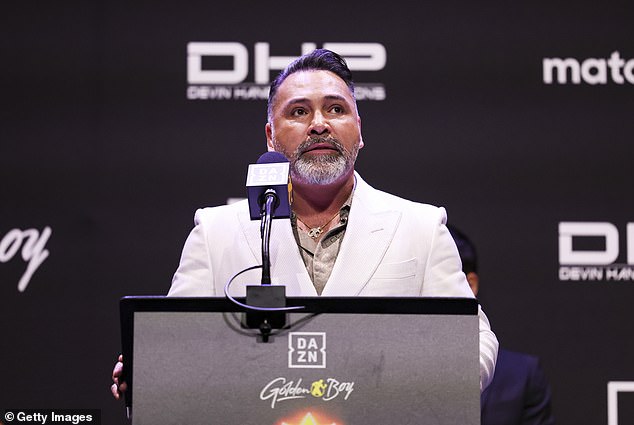 Her uncle is Oscar De La Hoya, seen on stage during the Ryan Garcia v Devin Haney press tour at Avalon Hollywood & Bardot in LA in February 2024