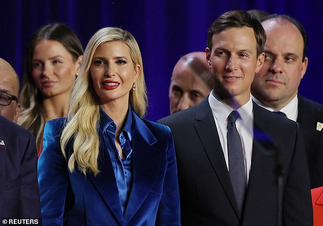 Jared Kushner and his wife Ivanka look on as Republican presidential candidate Trump speaks