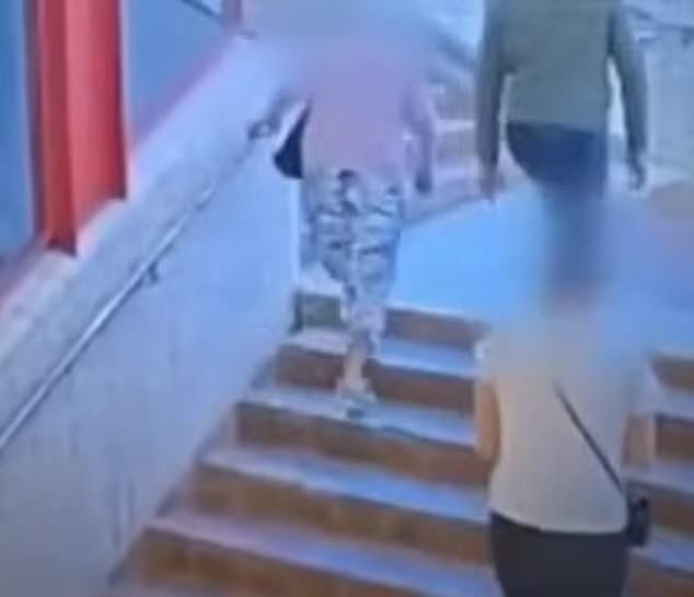 The pair were seen halfway up some stairs at the train station, before the man (top right) grabbed the older women (top left).