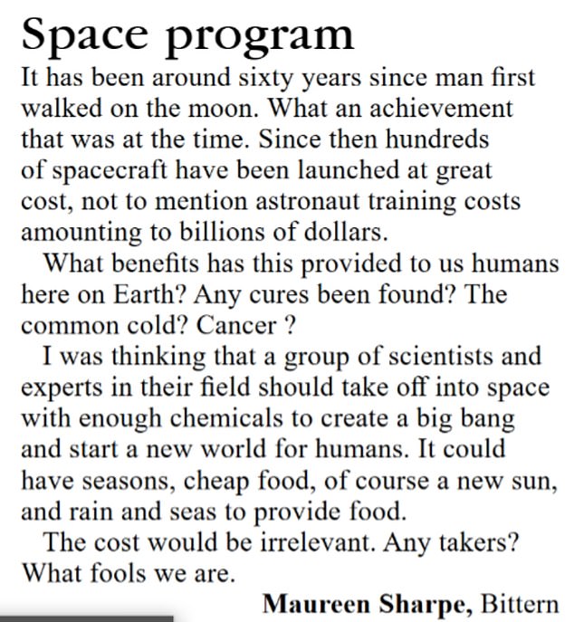 Maureen Sharpe from Bittern, which is 80 kilometers south-east of Melbourne's CBD, wrote to her local publication (pictured) to express her grave concern about where the world is heading.