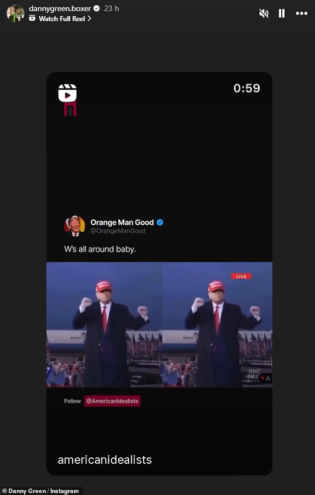 Green posted several memes of Donald Trump dancing on his Instagram Story on Wednesday.