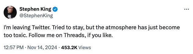 The King of Terror shared a farewell statement on his account on Thursday. 'I'm leaving Twitter. I tried to stay but the atmosphere became too toxic