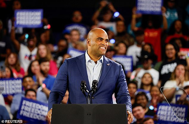 Texas Democratic Senate candidate Colin Allred reacts at a campaign rally for Democratic presidential candidate US Vice President Kamala Harris with singer Beyonce in Houston, Texas, US, on October 25, 2024 .