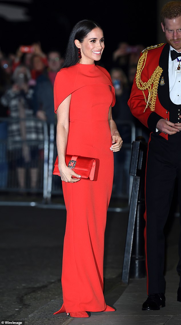 At the Mountbatten Music Festival in 2020, Meghan wowed viewers in a scarlet Safiyaa dress, which cost £1,295.