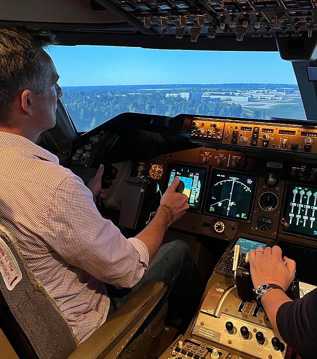 Above, Jonathan at the controls of his jumbo simulator experience.