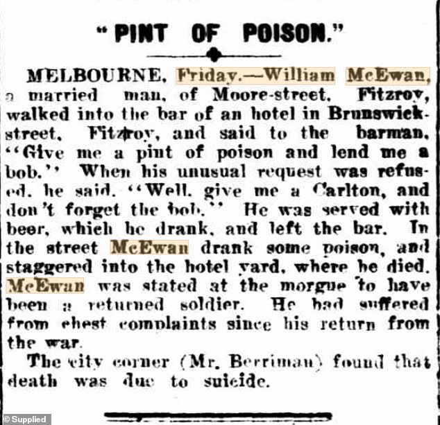 William's extraordinary 1923 death notice contained in his military file from the now-defunct Melbourne newspaper The Argus.