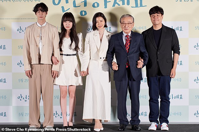 Song Jae-lim is pictured above with Kim Hwan-hee, Yoo Sun, Lee Soon-jae and film director Cha Bong-joo at the premiere of the movie Good Morning in Seoul, South Korea on 19 May 2022.