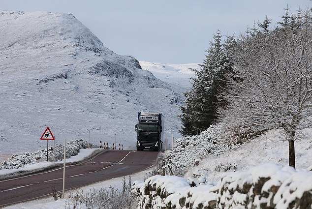 Pictured is a lorry on a snowy A835 near Loch Dorma in the Scottish Highlands this morning.