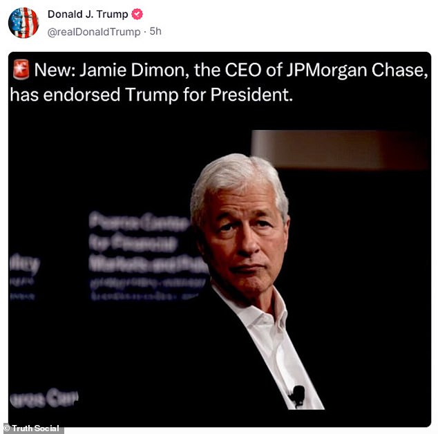 Social media began spreading a rumor that the billionaire had endorsed the former president, and Trump even shared the supposed news on Truth Social. He reposted, without any comment or credit, an X post saying that Dimon supported him.