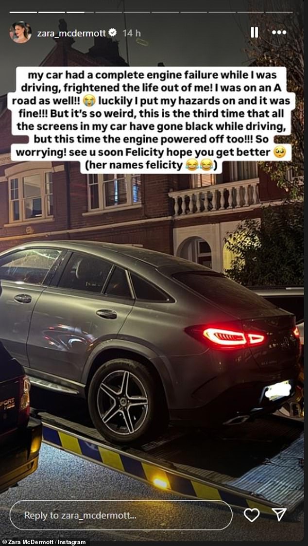 The Love Island star, 27, broke the news to her Instagram followers when she revealed the engine had failed in her Mercedes GLE Coupe.