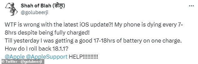 Moving on to X, one expressed: 'WTF is wrong with the latest iOS update?! My phone turns off every 7 or 8 hours despite being fully charged!'