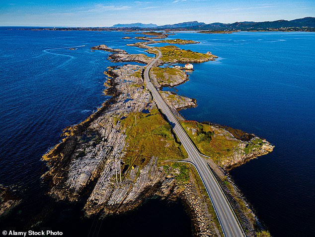 An aerial view of the Atlantic Ocean Highway in Norway, featured in No Time To Die