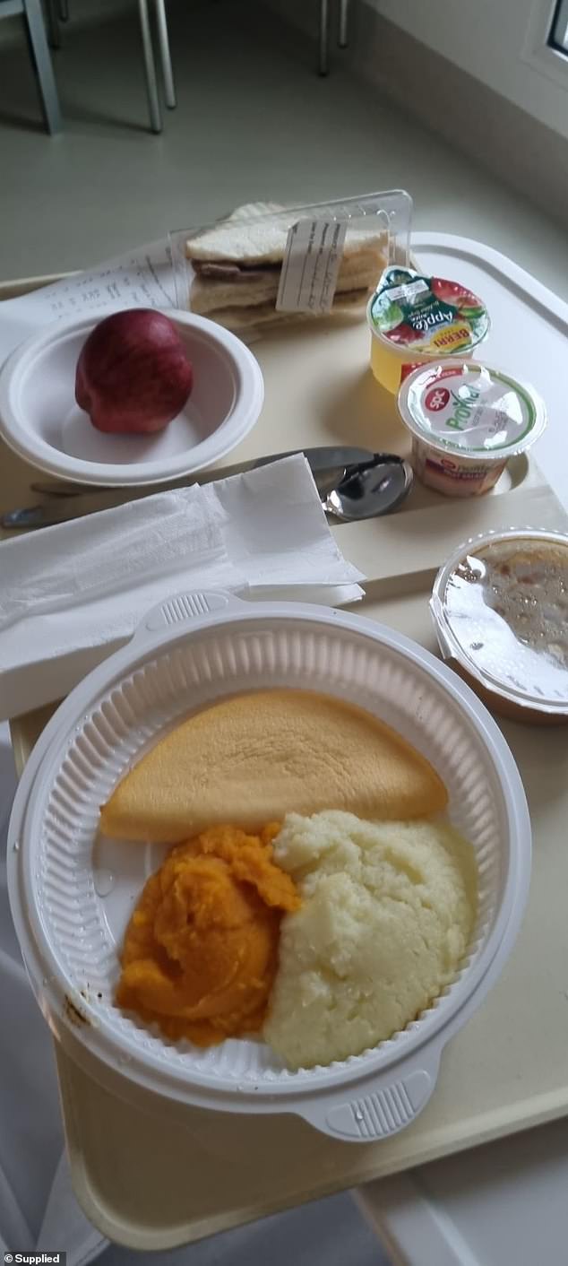 Now he can only eat soft foods, like this hospital food, so as not to irritate his ulcers.