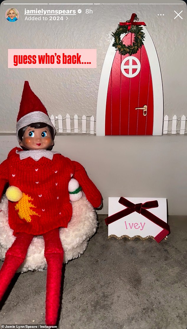 Jamie Spears also got back into the holiday spirit when she shared a photo of the doll sitting on a small bean bag in front of a small door in the wall.