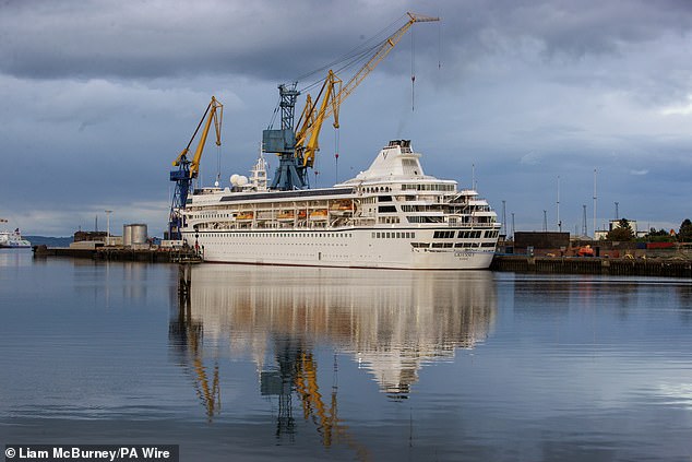 The Villa Vie Odyssey cruise ship in Belfast Harbor on September 28 as preparations continued.