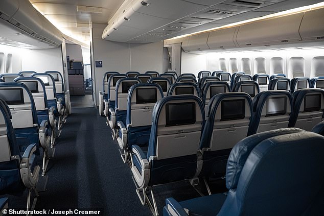 Pictured: Several rows of economy seats aboard a Delta Boeing 747-400, a widebody aircraft