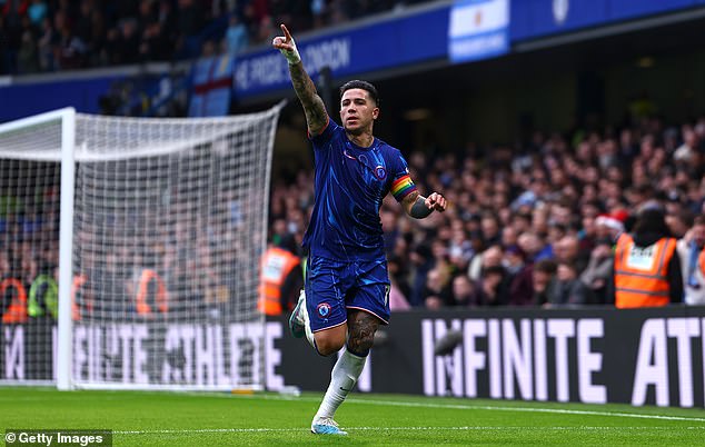 Enzo Fernández celebrates his goal against Aston Villa, his second in consecutive games