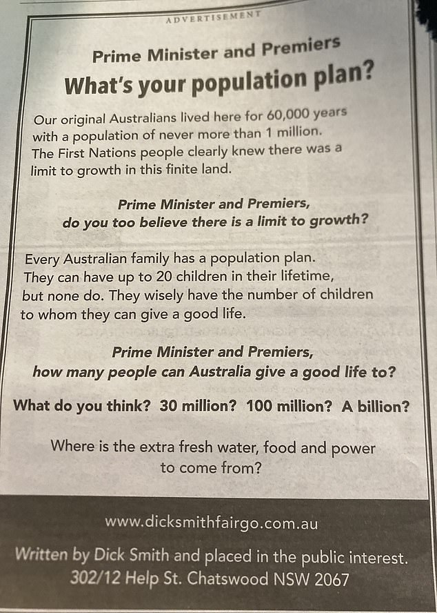 The businessman published an advertisement in The Daily Telegraph warning about the consequences of high immigration