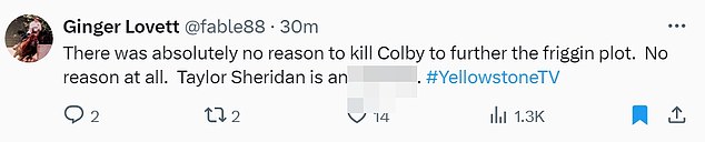 @fable88 said, “There was absolutely no reason to kill Colby to further the damn plot. No reason at all. Taylor Sheridan is an asshole. #YellowstoneTV