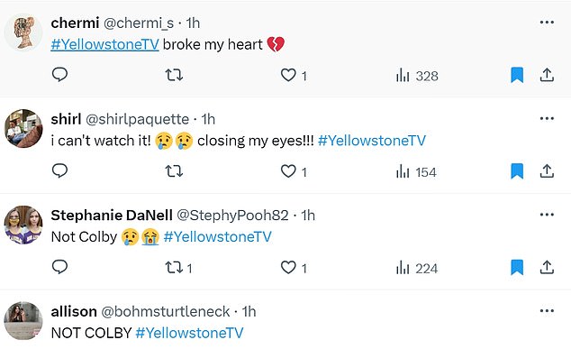 @chermi_s said, “#YellowstoneTV broke my heart,” while @shirlpaquette added, “I can't watch it! close my eyes!!! #YellowstoneTV.”